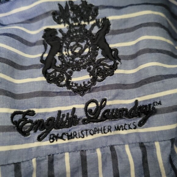 English Laundry Dress Shirt Mens Size 16 Flip Cuffs Blue White Striped Long Slee - Picture 4 of 5